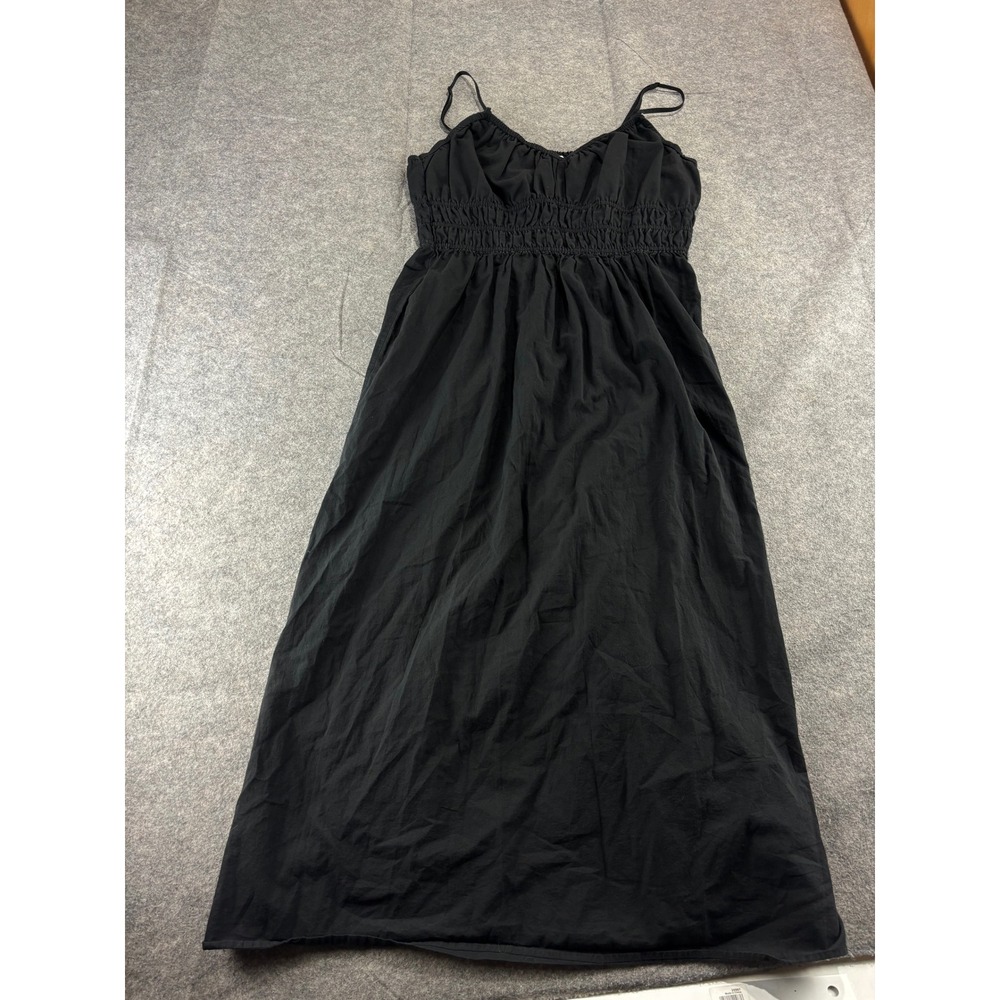 H&M Black Smocked Empire Waist Midi Dress Adjustable Spaghetti Straps Womens L